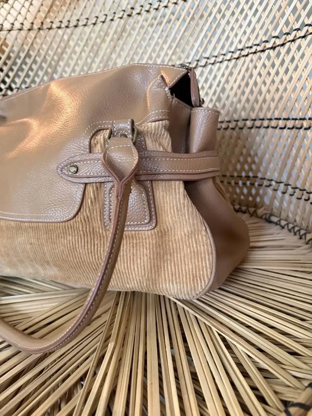Tommy Hilfiger Vintage Y2K Tan Corduroy and Faux Leather Hobo Shoulder Handbag